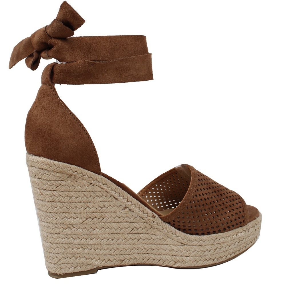 Lt Tan Perforated Lace Ankle Tie Espadrille Wedge - Picture 4 of 6